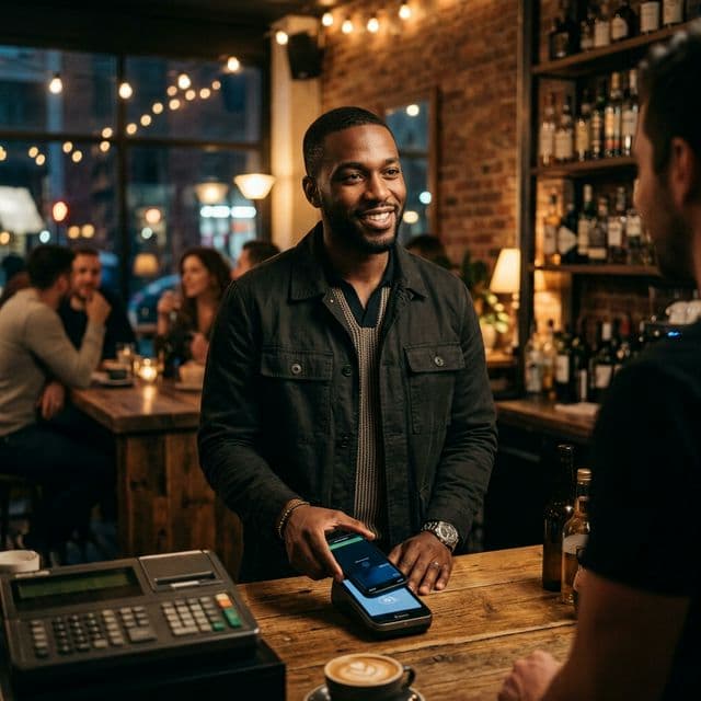 A modern person efficiently buying coffee using the GoTap app