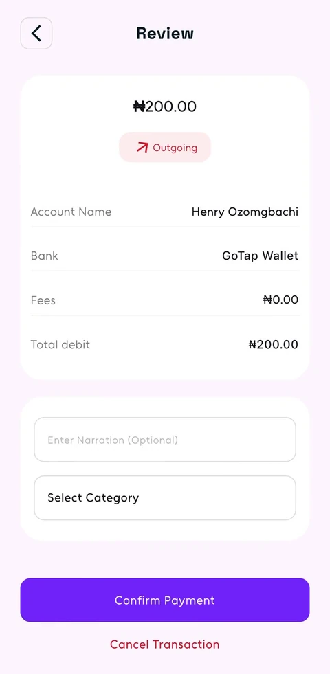 GoTap payment review for Henry, 200 naira before confirmation